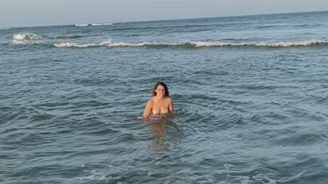 Cute 33yo wife running with bouncing boobies on beach. Do you think I could be o