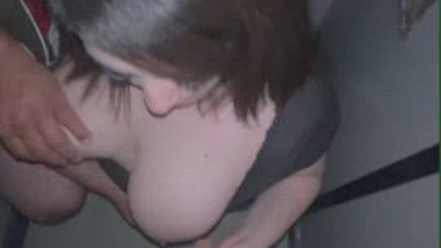 Stranger at the glory hole gropes my tits and has me jack him off while I suck o