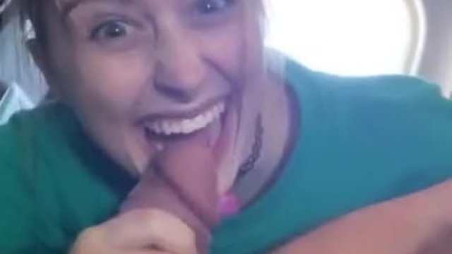 Pretty teen sucks a big cock on a public plane in front of everybody