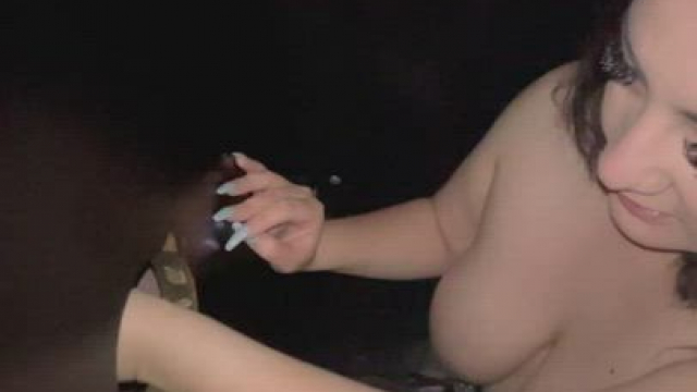 Sucking a stranger's cock at the gloryhole and letting him play with my tits [So